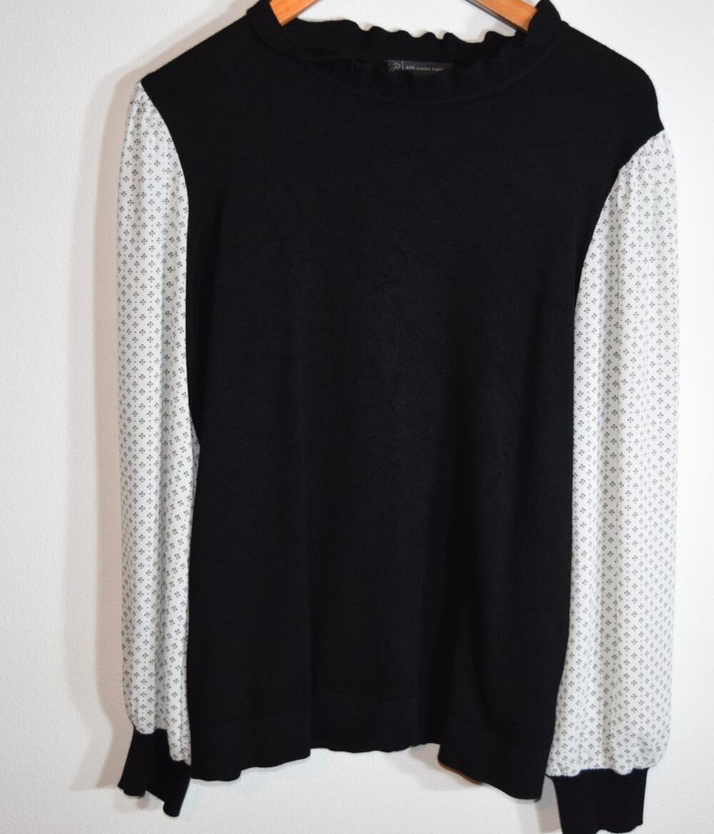 Adrianna Papell Black Knit Sweater Contrast Print Sleeves Long Sleeve Women L